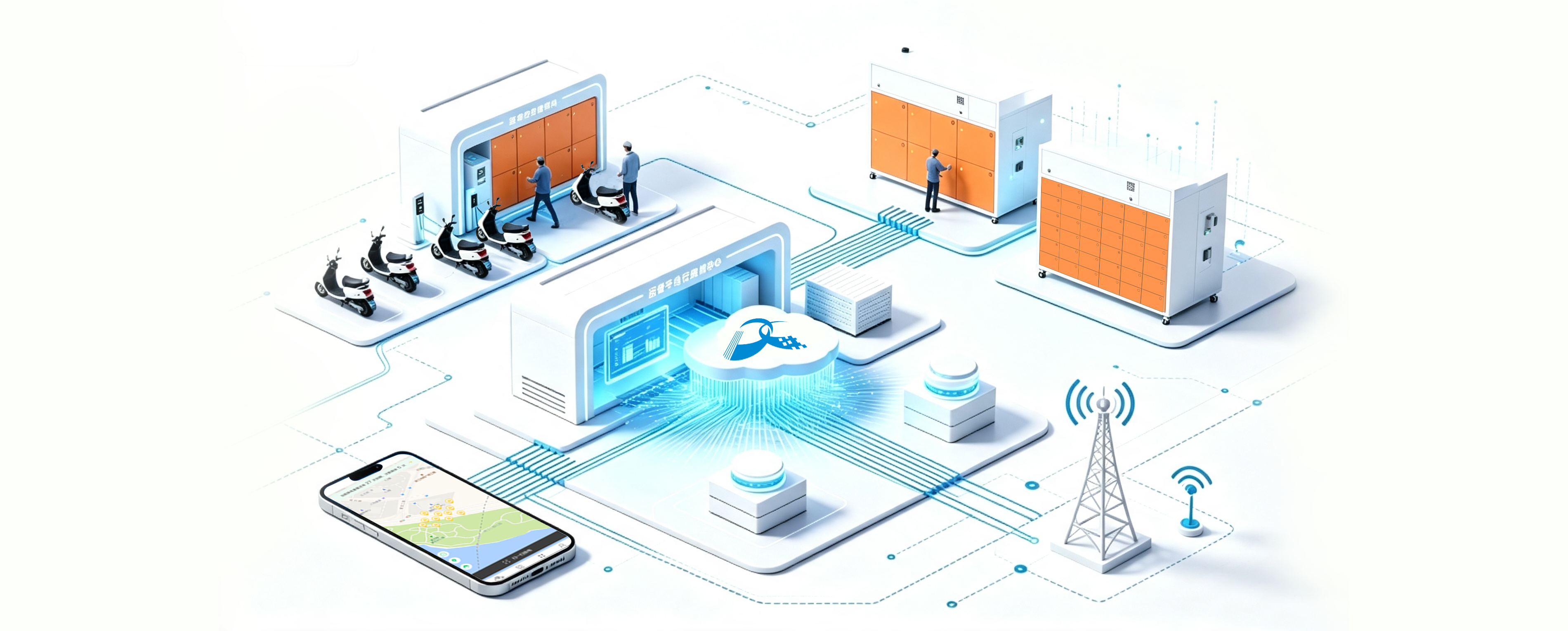 The power ecosystem composed of Daochong smart battery swap stations, lithium batteries, IoT battery swap cabinets, operations platform, APP, and 4G communication network